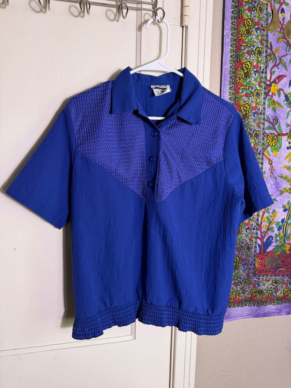 Nikki Blue Smocked Yoke Blouse Medium Made USA Retro Short Sleeve Top